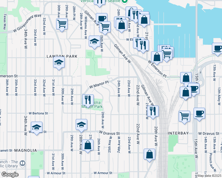 map of restaurants, bars, coffee shops, grocery stores, and more near 3628 24th Place West in Seattle