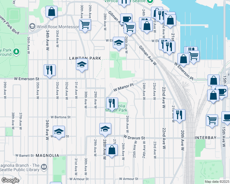 map of restaurants, bars, coffee shops, grocery stores, and more near 3710 27th Place West in Seattle