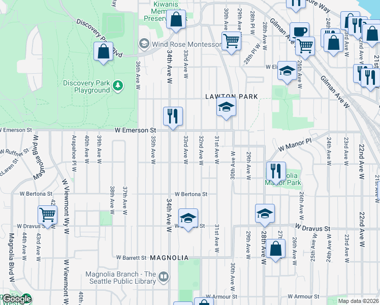 map of restaurants, bars, coffee shops, grocery stores, and more near 3641 32nd Avenue West in Seattle