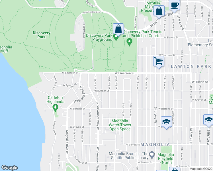 map of restaurants, bars, coffee shops, grocery stores, and more near 3645 Arapahoe Place West in Seattle
