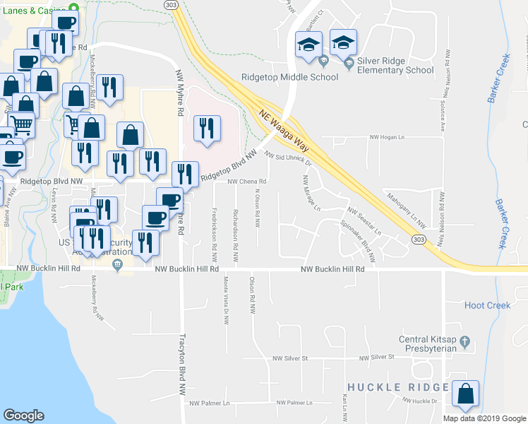 map of restaurants, bars, coffee shops, grocery stores, and more near 9707 Clipper Place Northwest in Silverdale