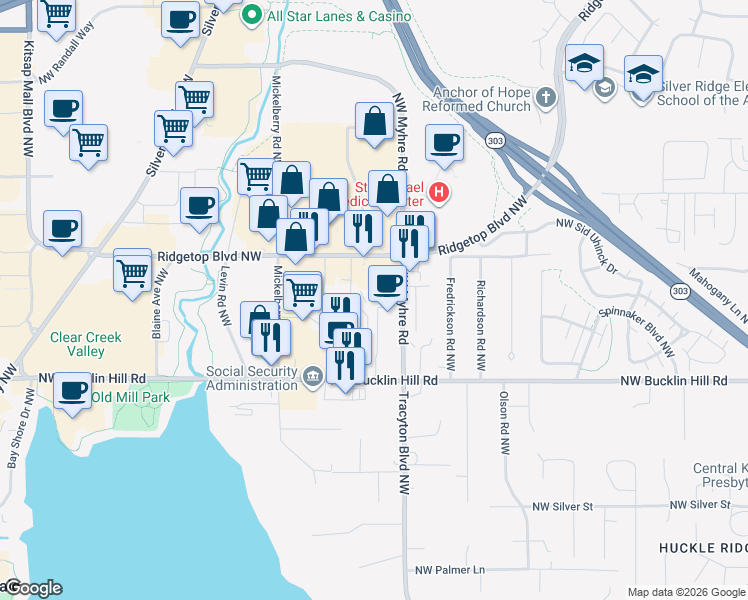 map of restaurants, bars, coffee shops, grocery stores, and more near 9902 Cranberry Lane Northwest in Silverdale