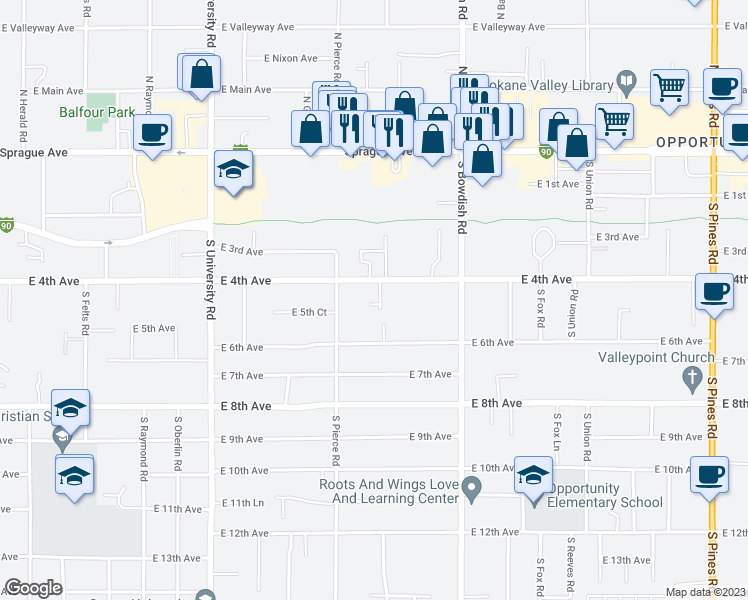 map of restaurants, bars, coffee shops, grocery stores, and more near 11210 East 4th Avenue in Spokane Valley