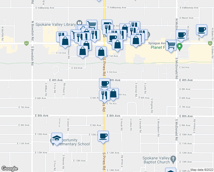 map of restaurants, bars, coffee shops, grocery stores, and more near 417 South Pines Road in Spokane