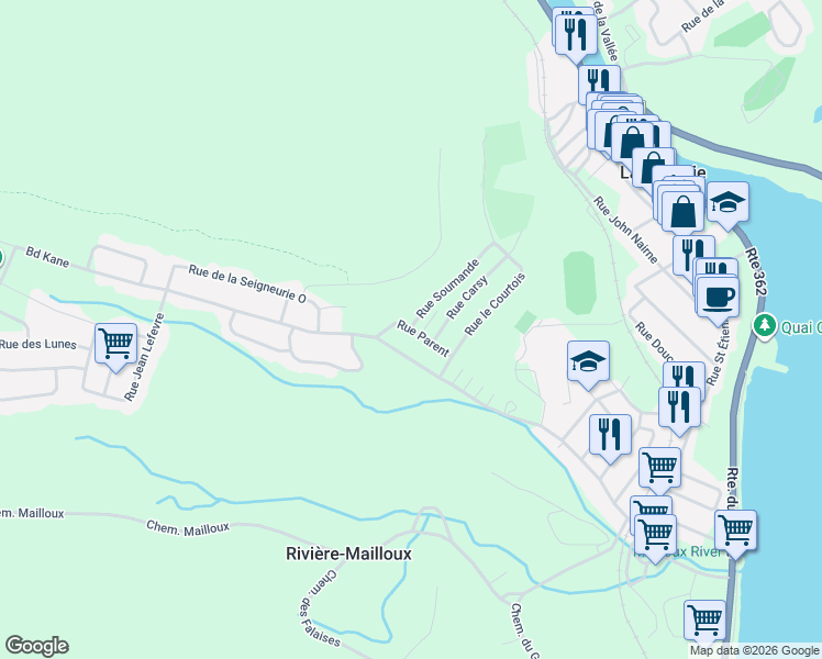 map of restaurants, bars, coffee shops, grocery stores, and more near 15 Rue Soumande in La Malbaie