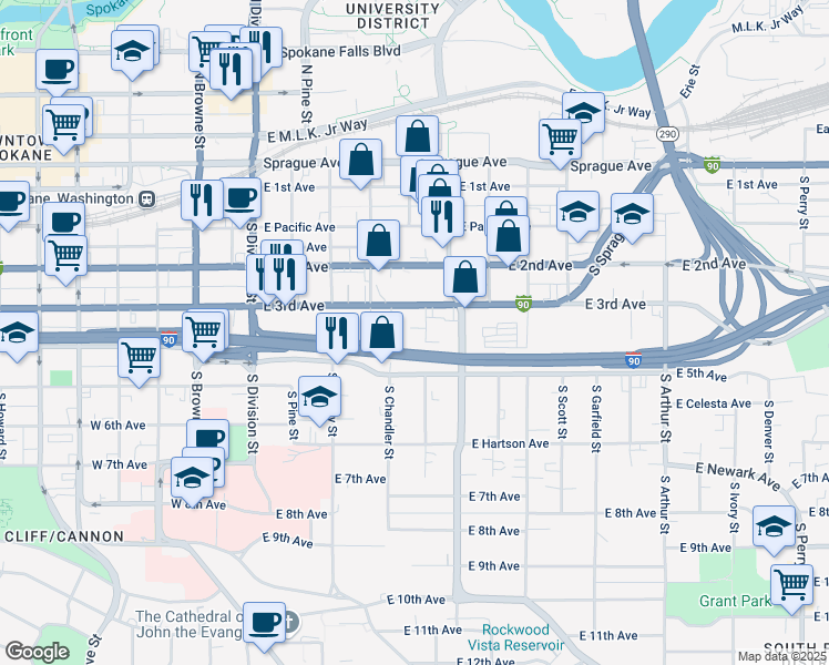 map of restaurants, bars, coffee shops, grocery stores, and more near 376 East 3rd Avenue in Spokane