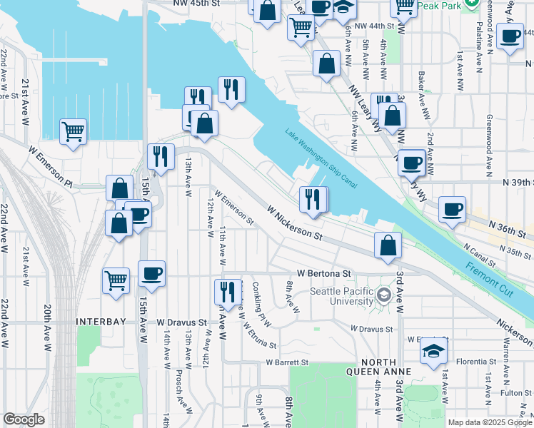 map of restaurants, bars, coffee shops, grocery stores, and more near 831 West Nickerson Street in Seattle