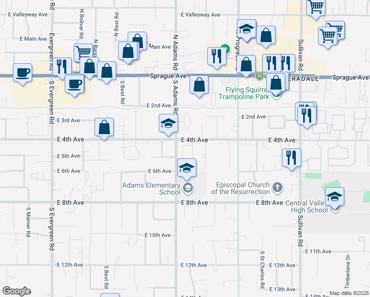 map of restaurants, bars, coffee shops, grocery stores, and more near 411 South Adams Road in Spokane