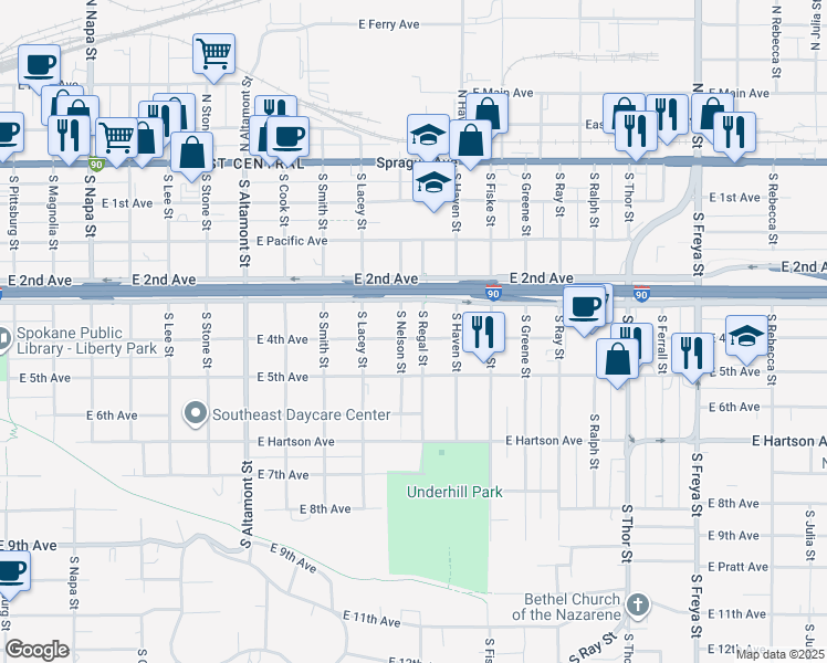 map of restaurants, bars, coffee shops, grocery stores, and more near 2802 East 3rd Avenue in Spokane