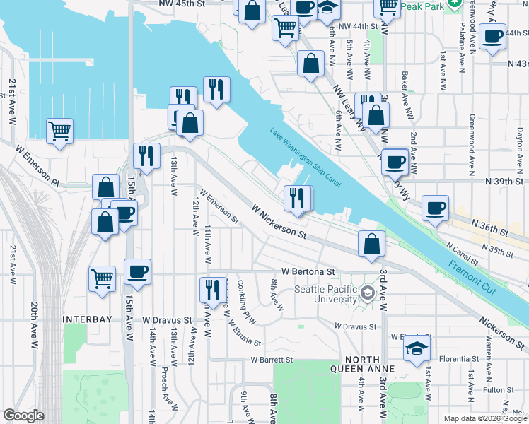 map of restaurants, bars, coffee shops, grocery stores, and more near 840 West Nickerson Street in Seattle