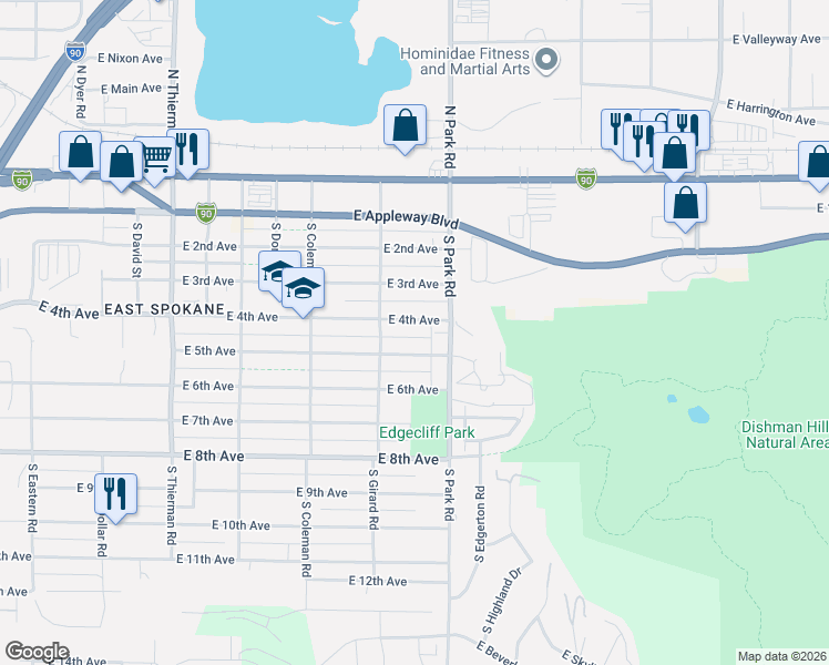 map of restaurants, bars, coffee shops, grocery stores, and more near 7311 East 4th Avenue in Spokane Valley