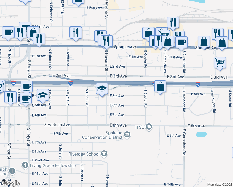 map of restaurants, bars, coffee shops, grocery stores, and more near 4318 East 4th Avenue in Spokane Valley