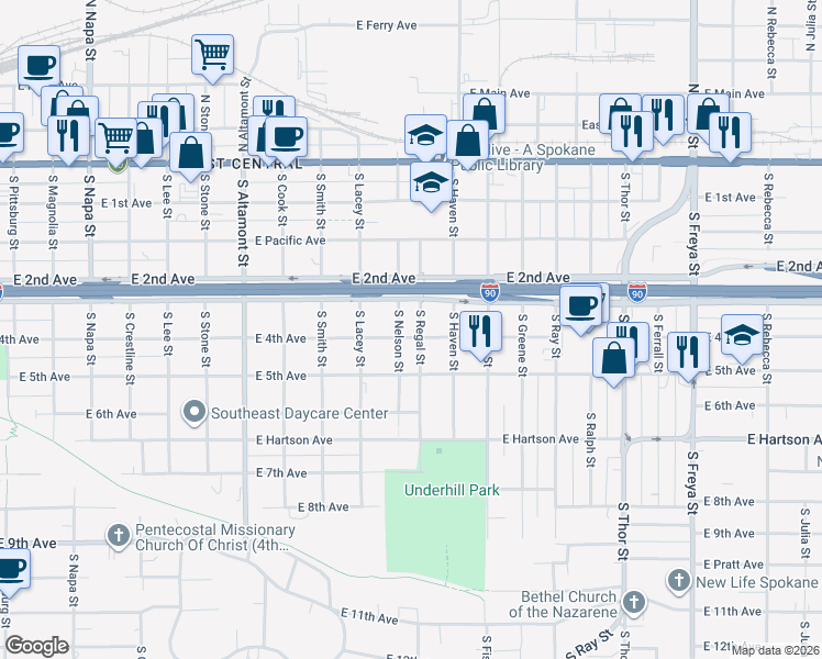 map of restaurants, bars, coffee shops, grocery stores, and more near 2802 East 3rd Avenue in Spokane