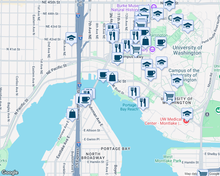 map of restaurants, bars, coffee shops, grocery stores, and more near 3700-3798 Northeast Boat Street in Seattle