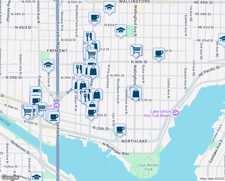 map of restaurants, bars, coffee shops, grocery stores, and more near 3828 Ashworth Avenue North in Seattle