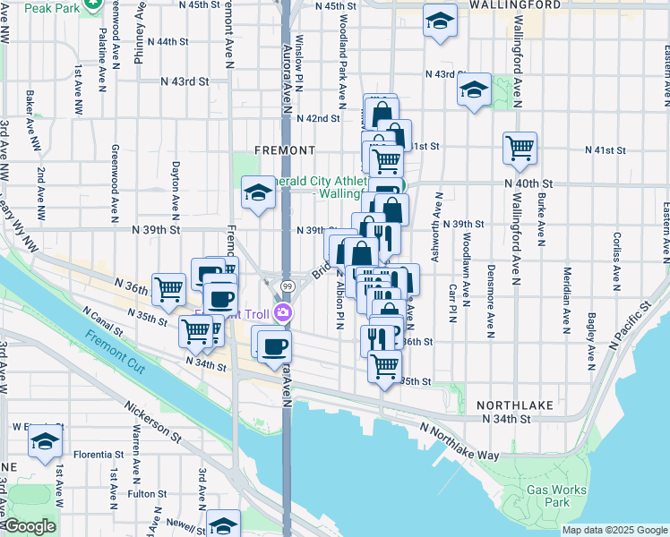 map of restaurants, bars, coffee shops, grocery stores, and more near 3860 Bridge Way North in Seattle
