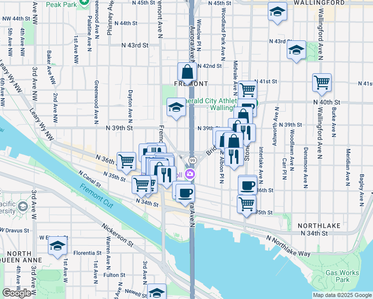 map of restaurants, bars, coffee shops, grocery stores, and more near 3823 Aurora Avenue North in Seattle