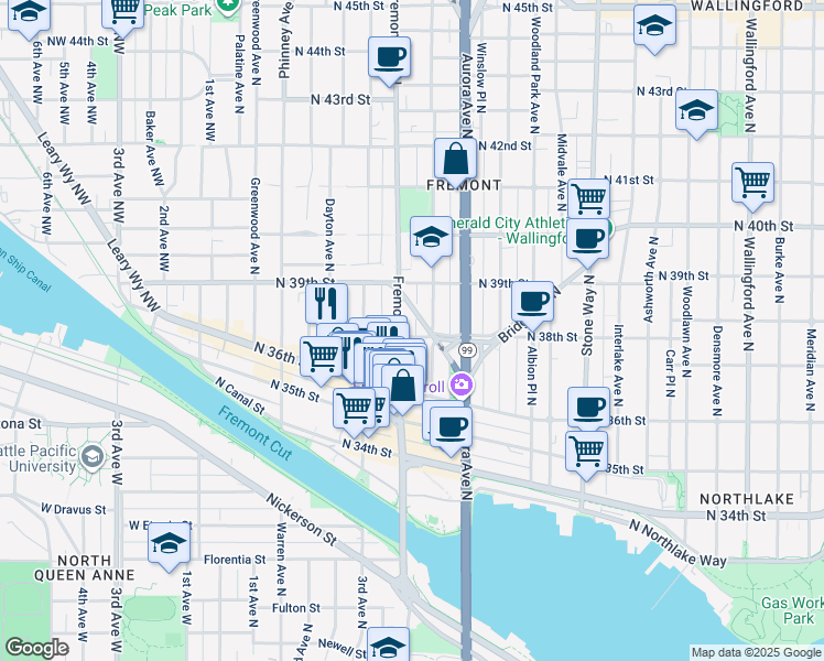 map of restaurants, bars, coffee shops, grocery stores, and more near 3829 Linden Avenue North in Seattle