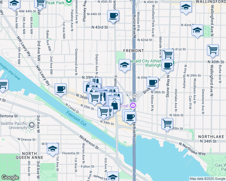 map of restaurants, bars, coffee shops, grocery stores, and more near in Seattle