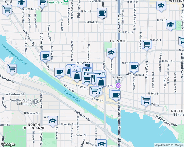 map of restaurants, bars, coffee shops, grocery stores, and more near 3658 Dayton Avenue North in Seattle