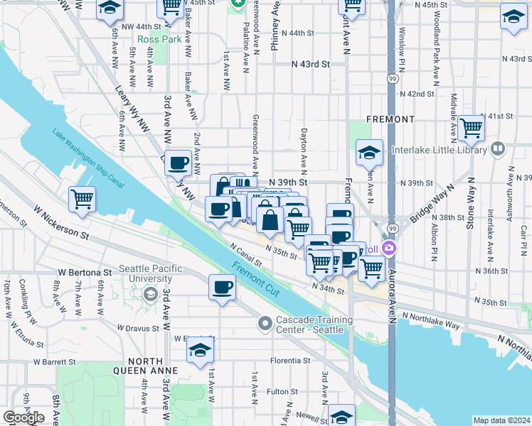map of restaurants, bars, coffee shops, grocery stores, and more near in Seattle