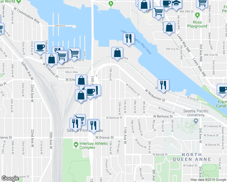 map of restaurants, bars, coffee shops, grocery stores, and more near 3646 13th Alley West in Seattle