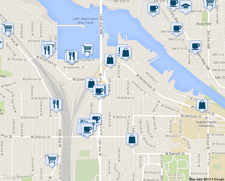 map of restaurants, bars, coffee shops, grocery stores, and more near 3646 14th Avenue West in Seattle