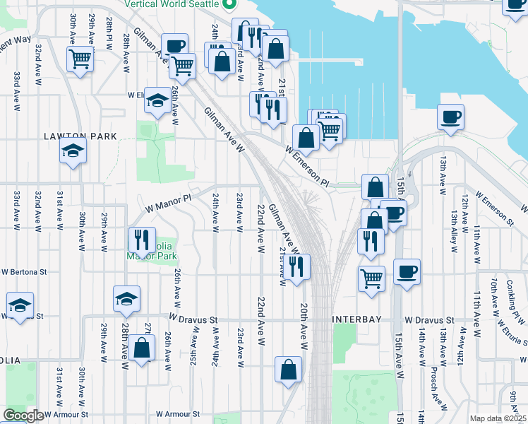 map of restaurants, bars, coffee shops, grocery stores, and more near 3645 22nd Avenue West in Seattle
