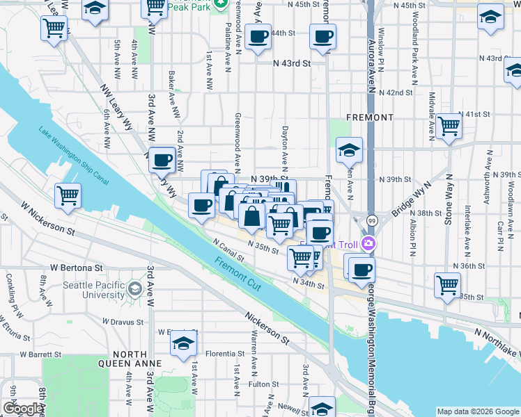 map of restaurants, bars, coffee shops, grocery stores, and more near 3620 Phinney Avenue North in Seattle