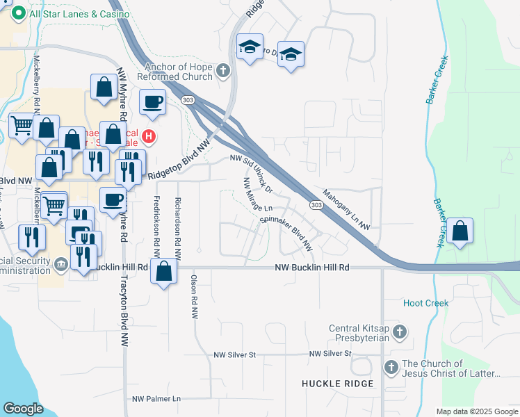 map of restaurants, bars, coffee shops, grocery stores, and more near 1255 Northwest Mirage Lane in Silverdale