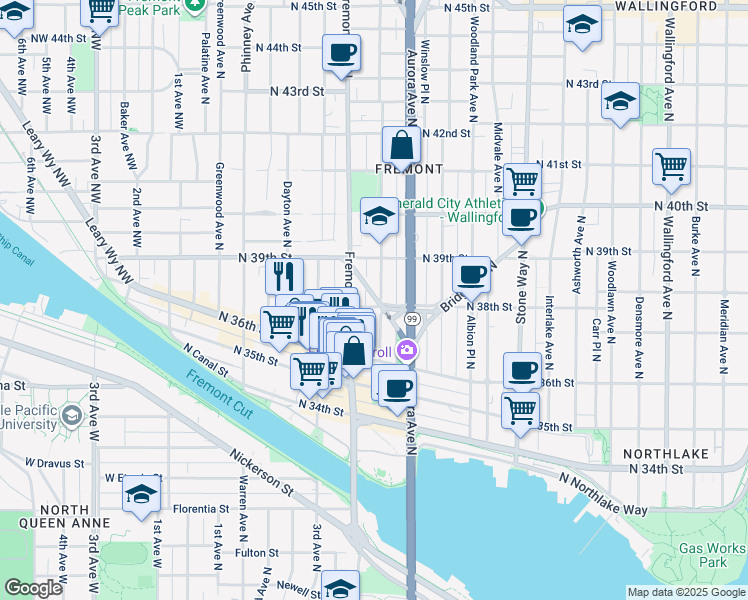 map of restaurants, bars, coffee shops, grocery stores, and more near 3829 Linden Avenue North in Seattle