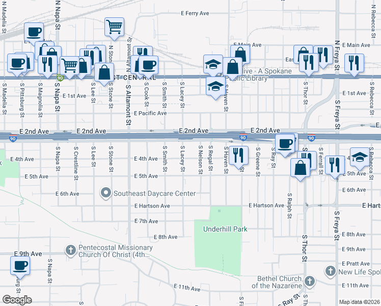 map of restaurants, bars, coffee shops, grocery stores, and more near 2704 East 3rd Avenue in Spokane