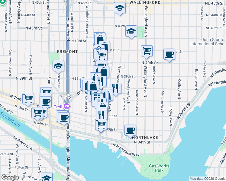 map of restaurants, bars, coffee shops, grocery stores, and more near 3825A Interlake Avenue North in Seattle