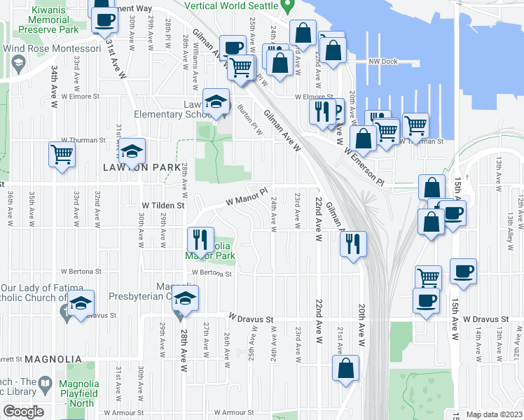 map of restaurants, bars, coffee shops, grocery stores, and more near 3635 24th Place West in Seattle