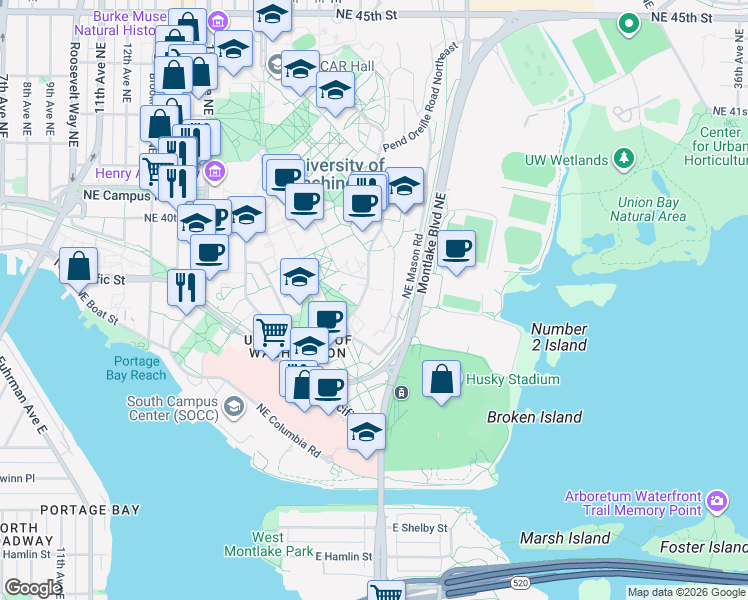 map of restaurants, bars, coffee shops, grocery stores, and more near 185 East Stevens Way Northeast in Seattle