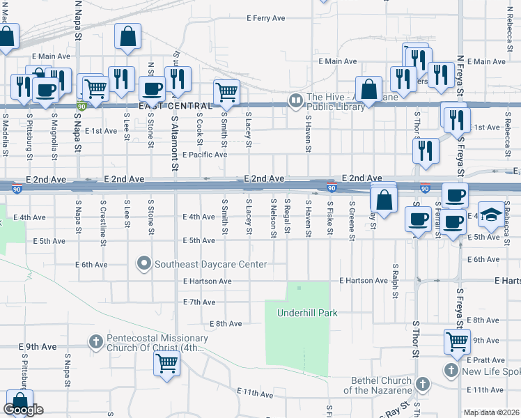 map of restaurants, bars, coffee shops, grocery stores, and more near 2704 East 3rd Avenue in Spokane