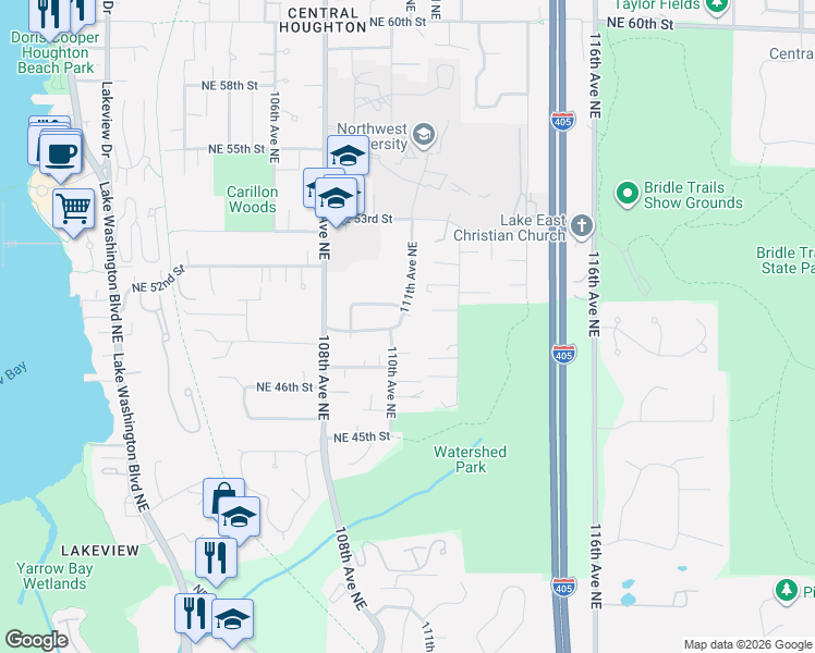 map of restaurants, bars, coffee shops, grocery stores, and more near 4900 111th Avenue Northeast in Kirkland