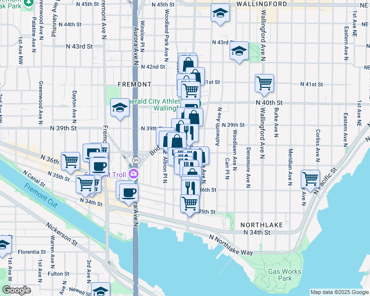 map of restaurants, bars, coffee shops, grocery stores, and more near 3827 Stone Way North in Seattle