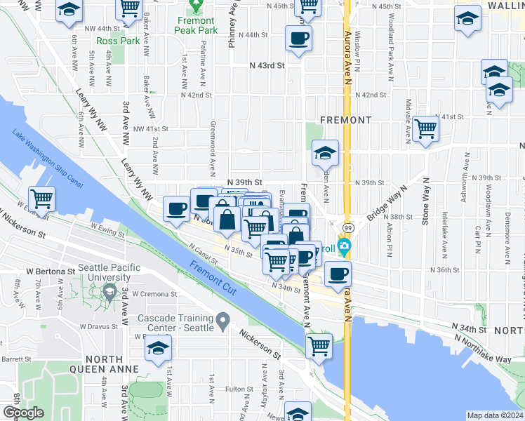 map of restaurants, bars, coffee shops, grocery stores, and more near 3658 Dayton Avenue North in Seattle