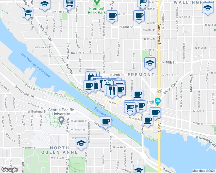 map of restaurants, bars, coffee shops, grocery stores, and more near 3639 Phinney Avenue North in Seattle