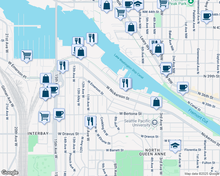 map of restaurants, bars, coffee shops, grocery stores, and more near 840 West Nickerson Street in Seattle