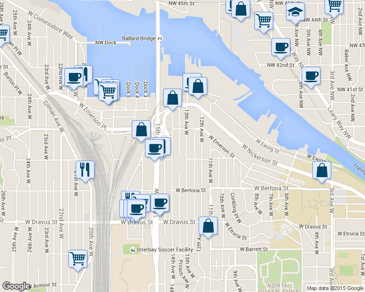 map of restaurants, bars, coffee shops, grocery stores, and more near 3646 14th Avenue West in Seattle
