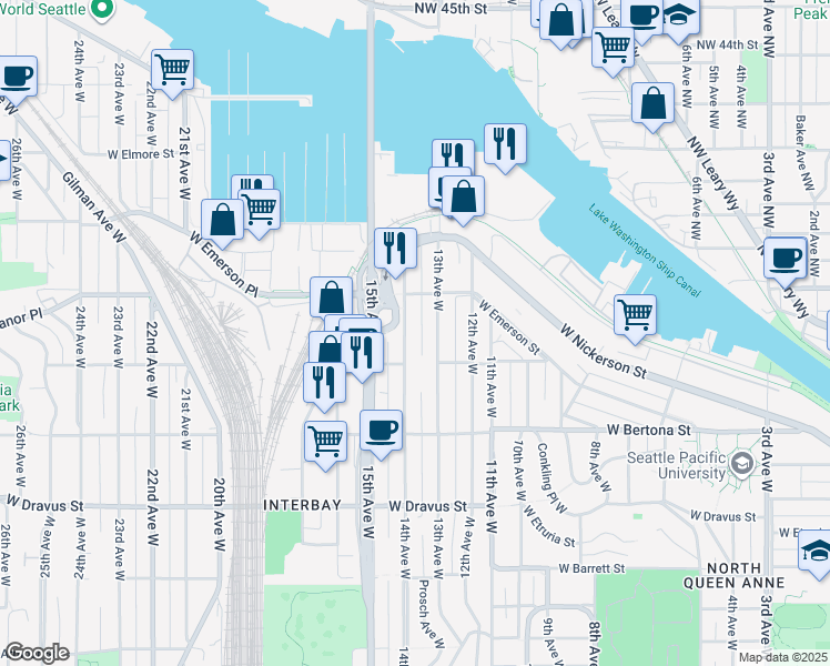 map of restaurants, bars, coffee shops, grocery stores, and more near 3646 14th Avenue West in Seattle