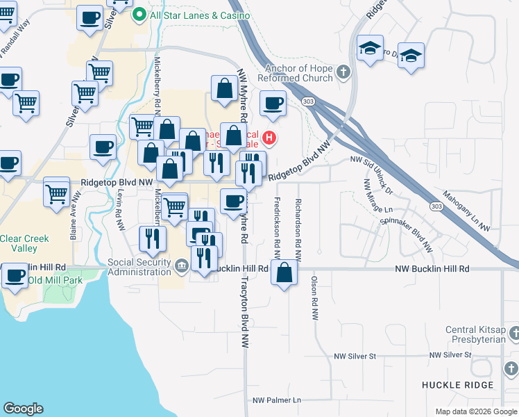 map of restaurants, bars, coffee shops, grocery stores, and more near 9910 Trident Lane Northwest in Silverdale