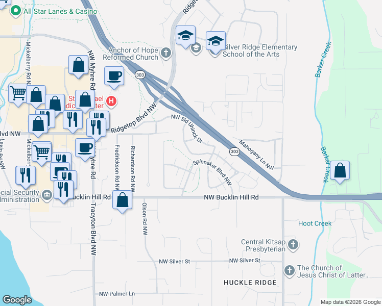 map of restaurants, bars, coffee shops, grocery stores, and more near 1315 Northwest Mirage Lane in Silverdale