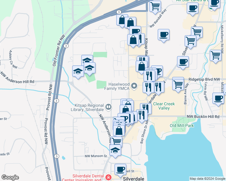 map of restaurants, bars, coffee shops, grocery stores, and more near 3612 Dahl Road Northwest in Silverdale