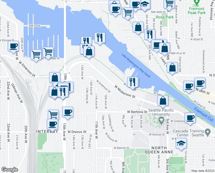map of restaurants, bars, coffee shops, grocery stores, and more near 932 West Emerson Street in Seattle