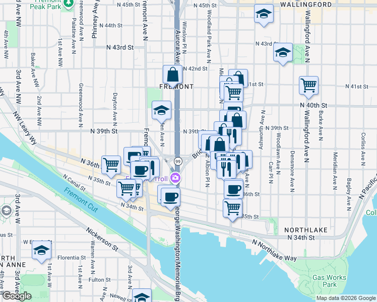 map of restaurants, bars, coffee shops, grocery stores, and more near 3809 Whitman Avenue North in Seattle