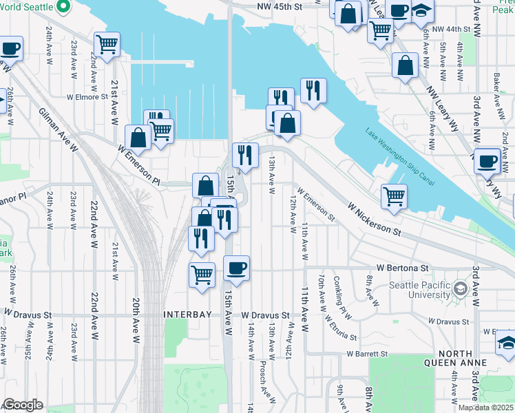 map of restaurants, bars, coffee shops, grocery stores, and more near 3646 14th Avenue West in Seattle