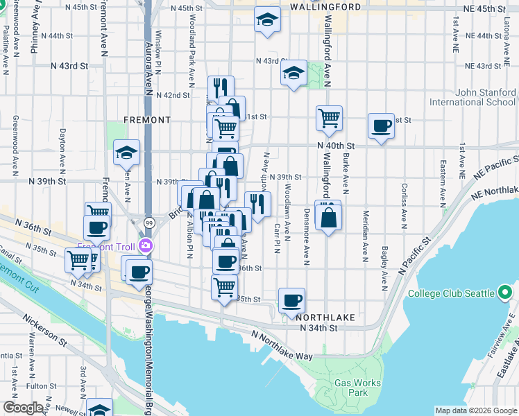 map of restaurants, bars, coffee shops, grocery stores, and more near 3811 Ashworth Avenue North in Seattle